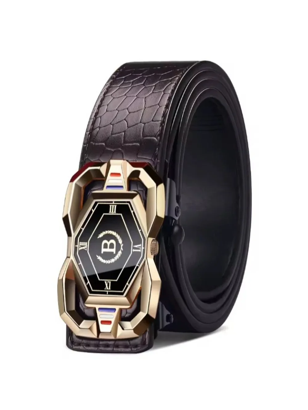 Elegant Fashion Men Belt Adjustable Gold Buckle Crocodile Brown Length 51 in